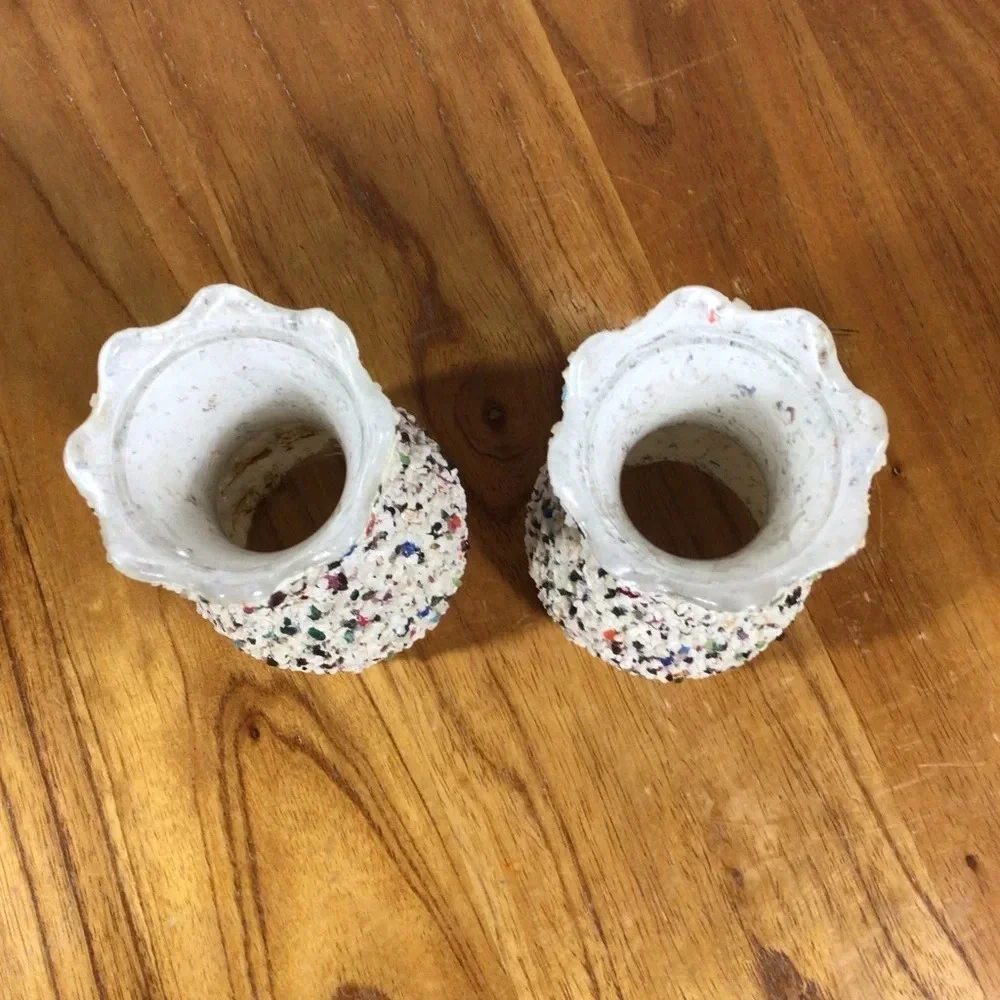 Vintage Colorful Crushed Stone Glass Scalloped Edge Vase Pair